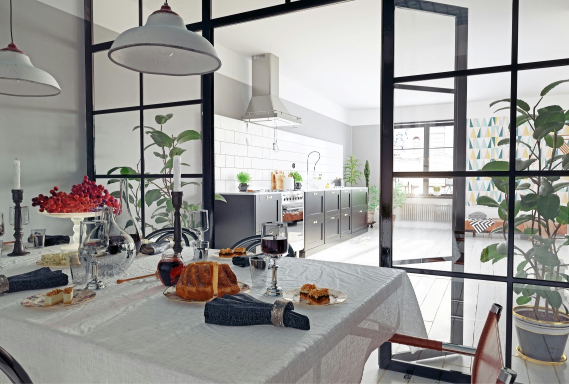 Dining room and kitchen following the top home decor trends for 2024