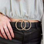 unique womens black belt with two gold rings