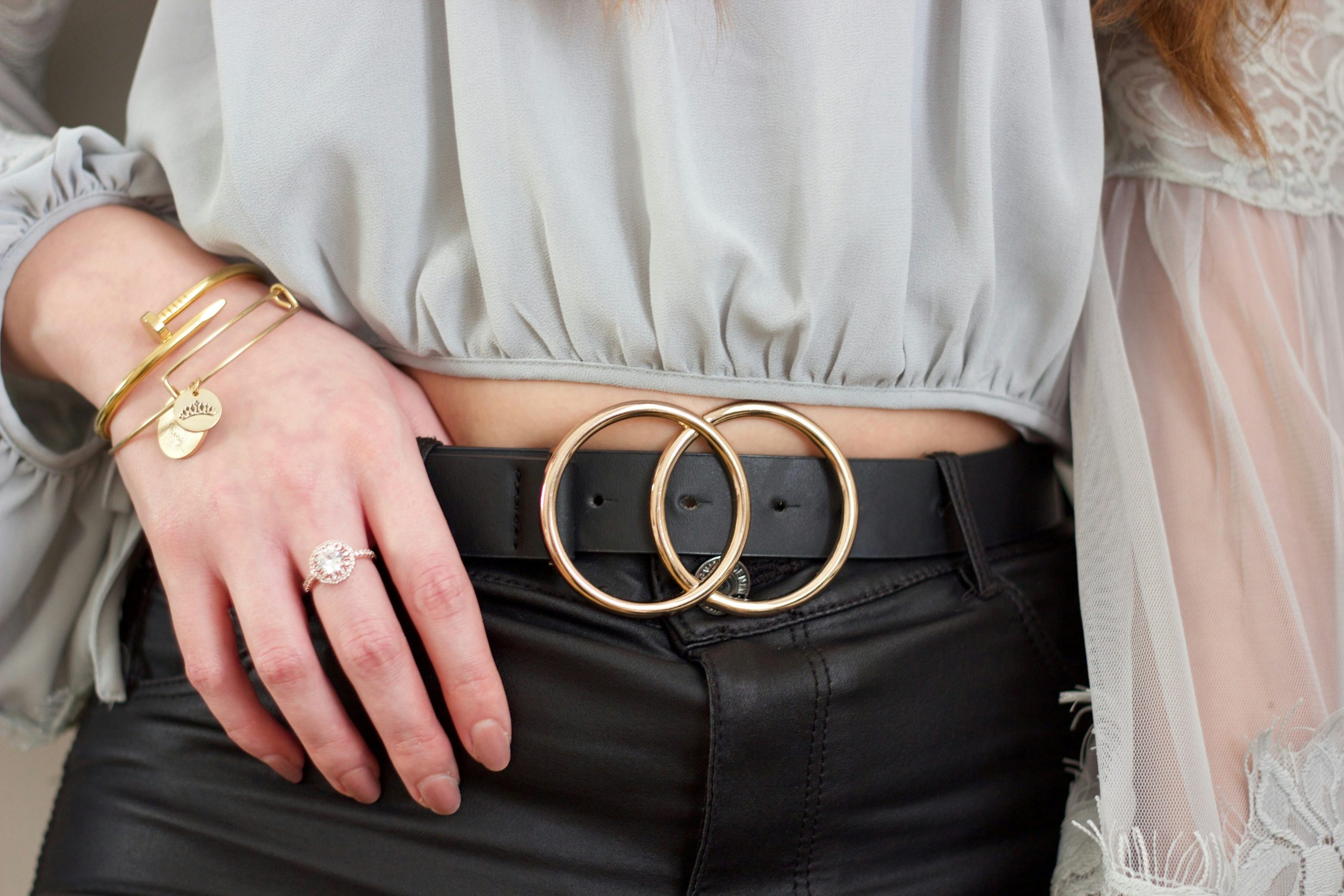 unique womens black belt with two gold rings