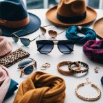 A table with various accessories arranged in seasonal combinations, including scarves, hats, sunglasses, and jewelry
