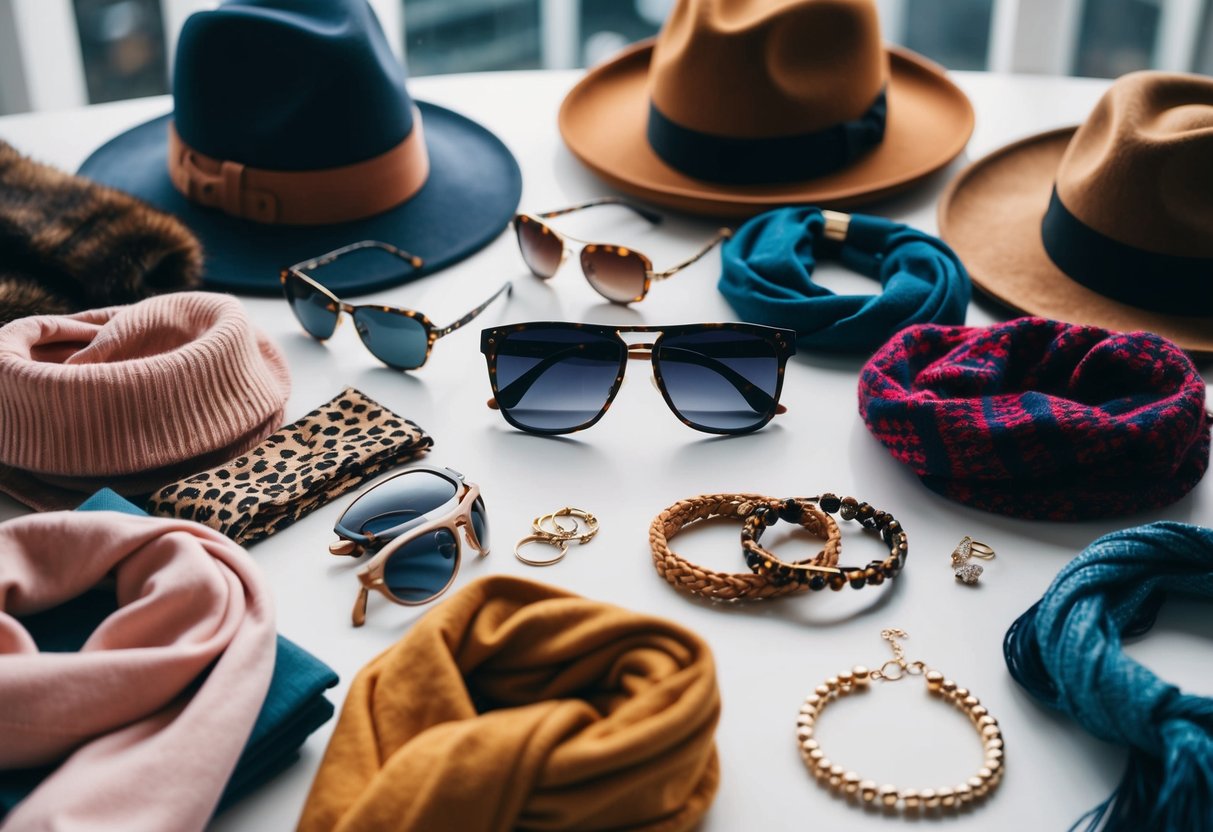 A table with various accessories arranged in seasonal combinations, including scarves, hats, sunglasses, and jewelry