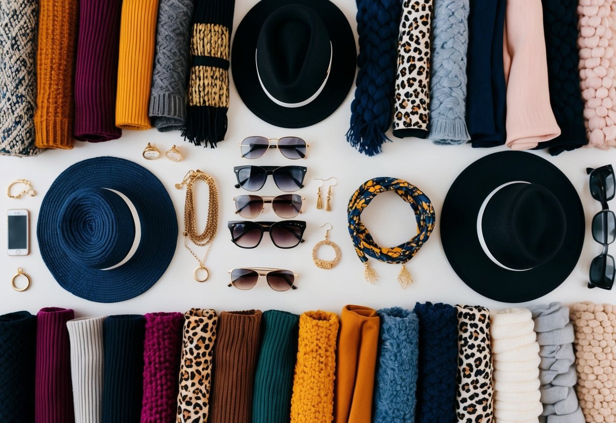 A table with a collection of statement accessories for each season, including scarves, hats, sunglasses, and jewelry. Layers of different textures and colors are carefully arranged