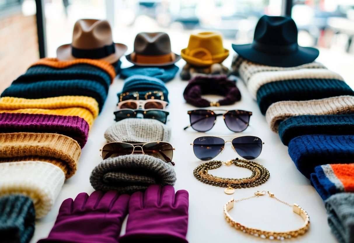 A table displaying various accessories arranged by season, including scarves, hats, gloves, sunglasses, and jewelry