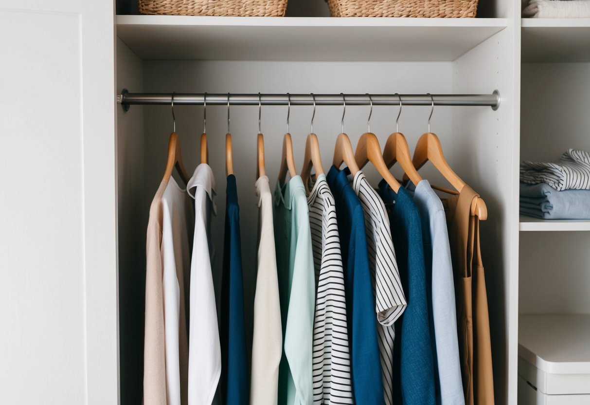 A simple, organized closet with a few high-quality, versatile clothing items neatly arranged on wooden hangers