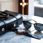 A sleek watch, a pair of classic sunglasses, and a luxurious leather bag arranged on a marble table