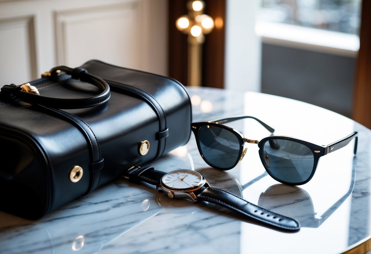 A sleek watch, a pair of classic sunglasses, and a luxurious leather bag arranged on a marble table