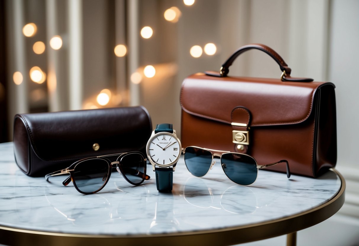 A sleek watch, classic leather bag, and elegant sunglasses arranged on a marble table
