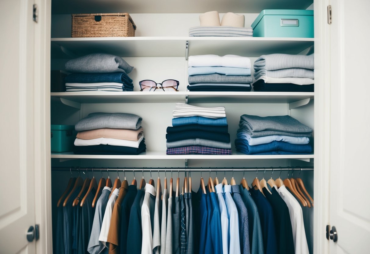 A neatly organized closet with a limited selection of high-quality, versatile clothing items neatly folded or hung, creating a sense of simplicity and order
