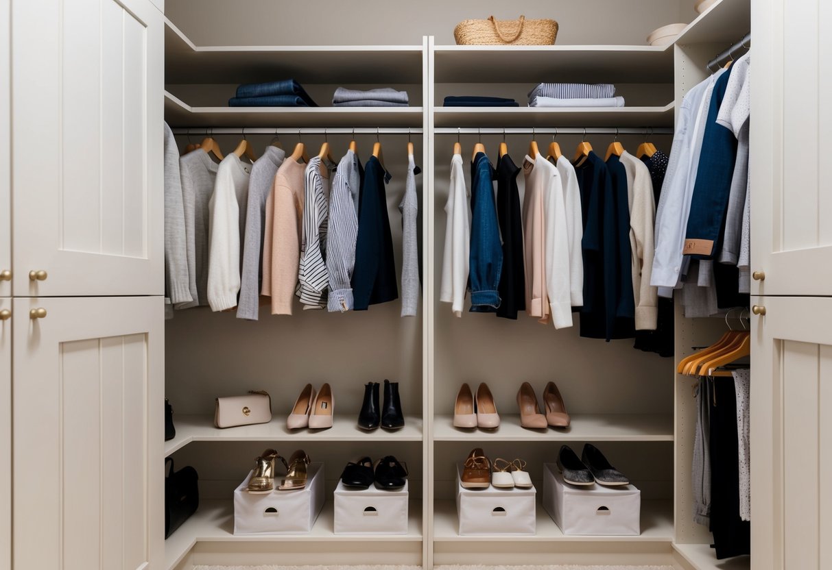 A neatly organized closet with a few carefully selected, high-quality clothing items. A few pairs of shoes and accessories neatly arranged on shelves