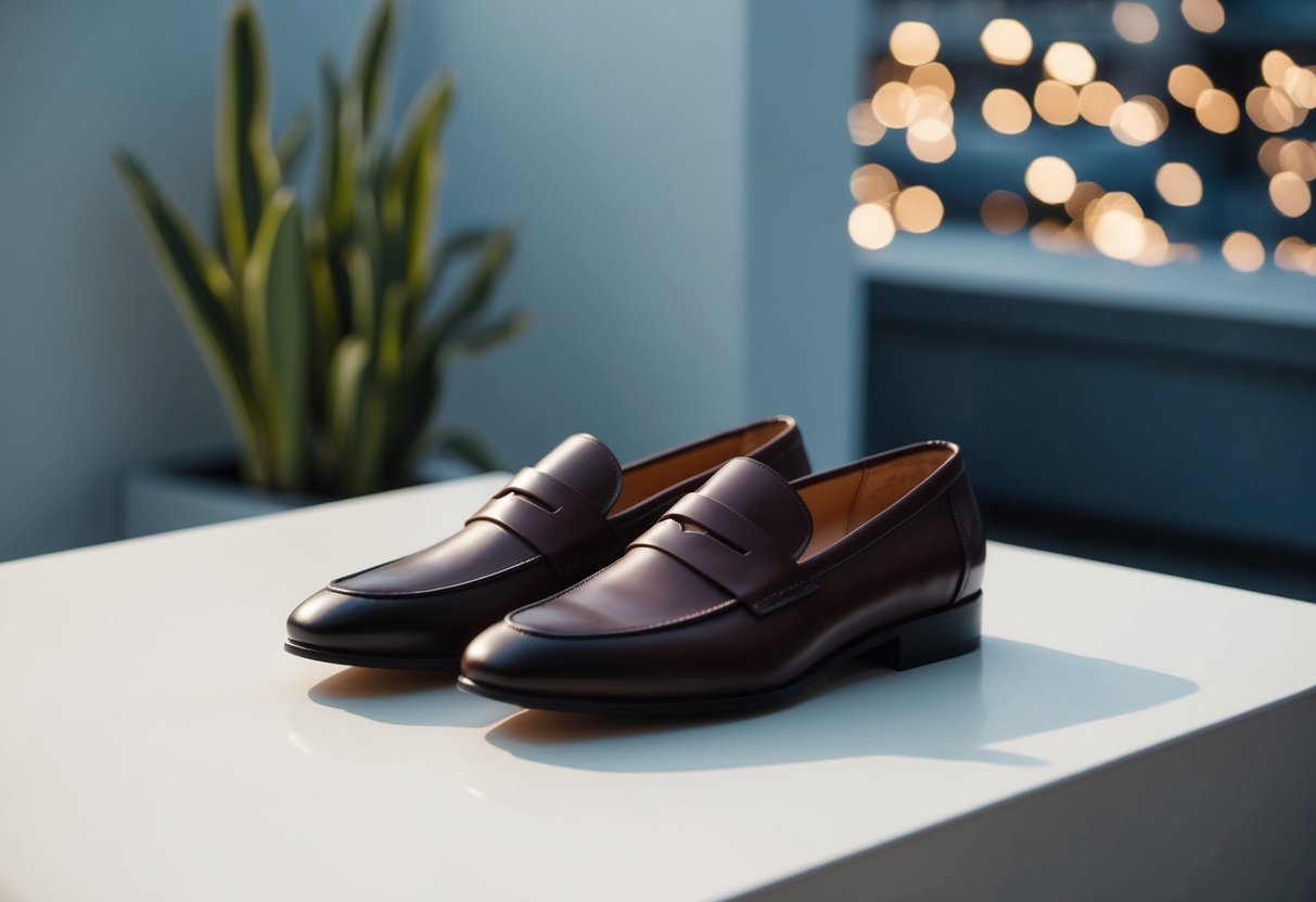 A sleek, minimalist watch and a pair of classic leather loafers arranged on a clean, modern surface, with soft natural lighting highlighting their timeless elegance