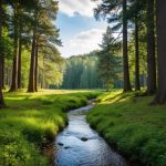 A serene forest clearing with a tranquil stream, surrounded by tall trees and lush greenery, with no electronic devices in sight