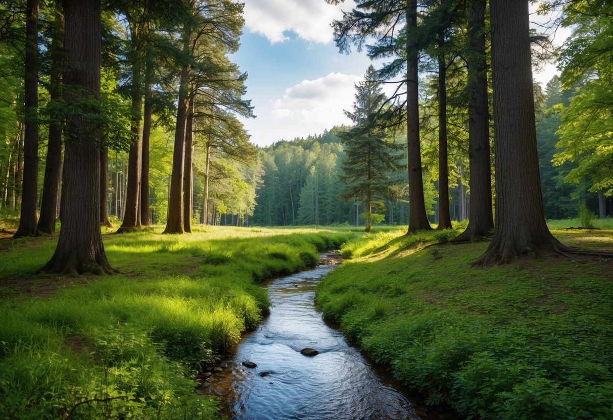 A serene forest clearing with a tranquil stream, surrounded by tall trees and lush greenery, with no electronic devices in sight