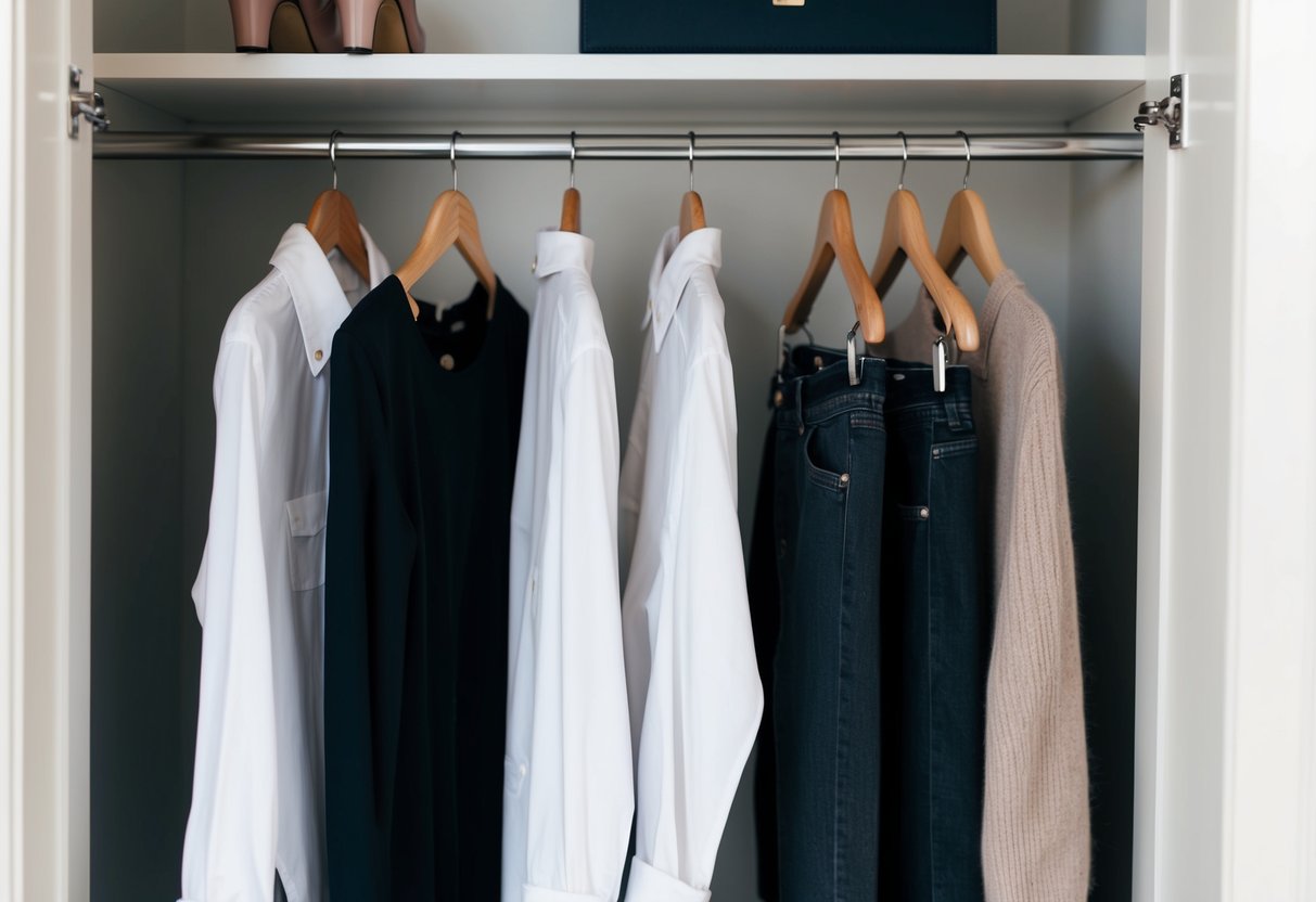 A closet with classic pieces: a white button-up shirt, a little black dress, a tailored blazer, dark denim jeans, and a neutral cashmere sweater