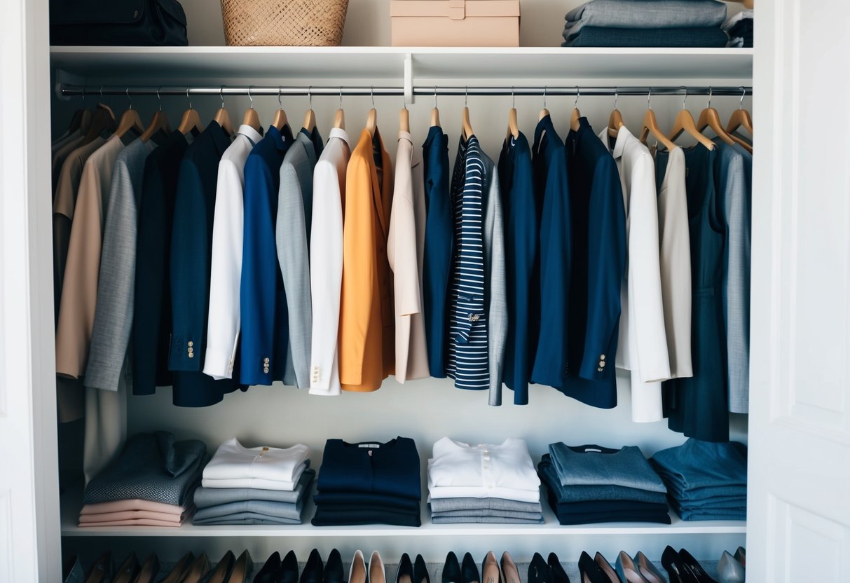 A well-organized closet with neatly hung and folded versatile clothing items, such as blazers, dresses, and pants, showcasing the cornerstones of a stylish wardrobe