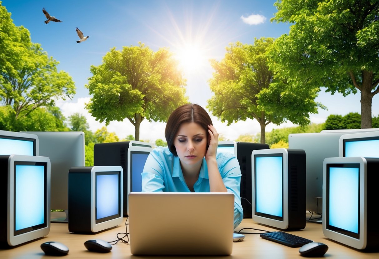 A person surrounded by screens, looking overwhelmed. Outside, nature beckons with trees, birds, and sunshine, offering a contrast to the digital overload