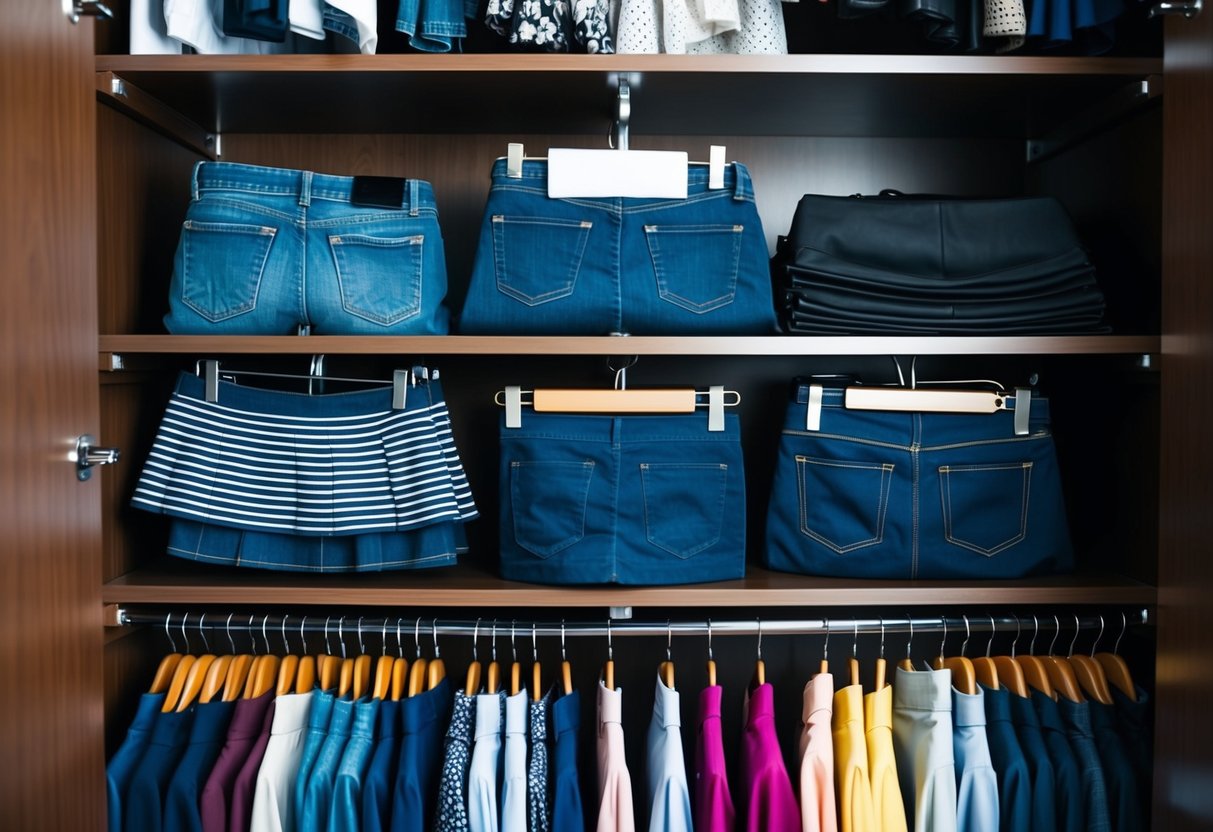 A closet filled with various bottoms, including jeans, skirts, and dress pants, neatly organized and ready for every occasion
