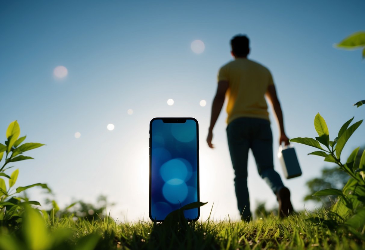 A serene nature scene with a person's silhouette walking away from a glowing electronic device, surrounded by lush greenery and clear blue skies
