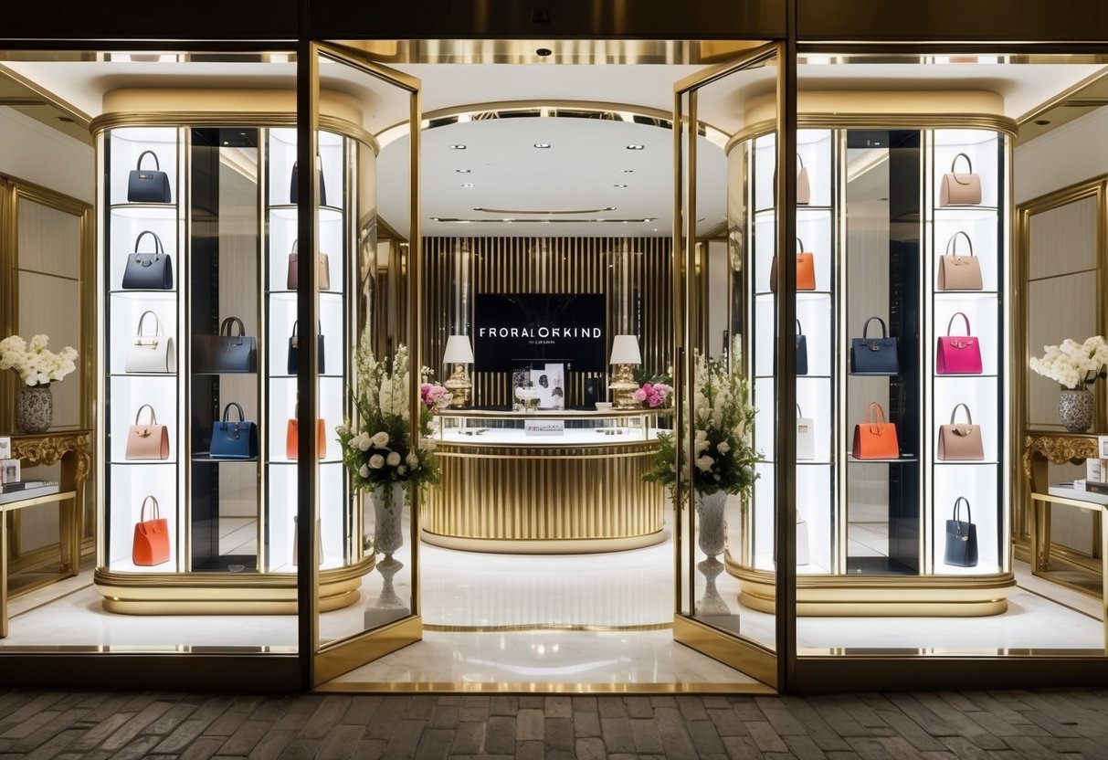 A glamorous storefront with high-end designer labels displayed in a window, surrounded by elegant decor and a sense of exclusivity