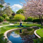 A serene garden with a winding path, blooming flowers, and a peaceful pond reflecting the sky. A figure practices yoga under a blossoming tree