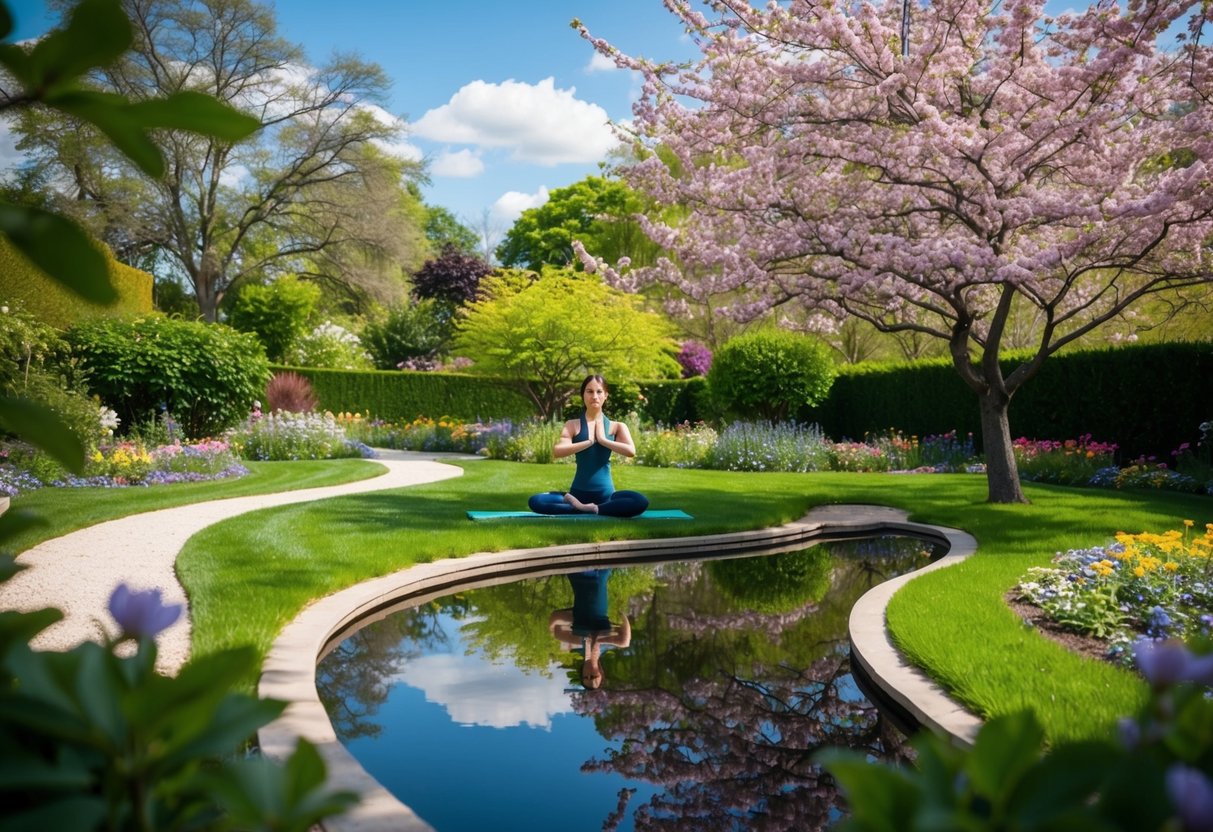 A serene garden with a winding path, blooming flowers, and a peaceful pond reflecting the sky. A figure practices yoga under a blossoming tree