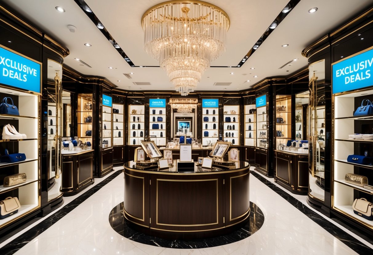 A lavish store interior with designer items displayed, surrounded by elegant decor and signage promoting exclusive deals