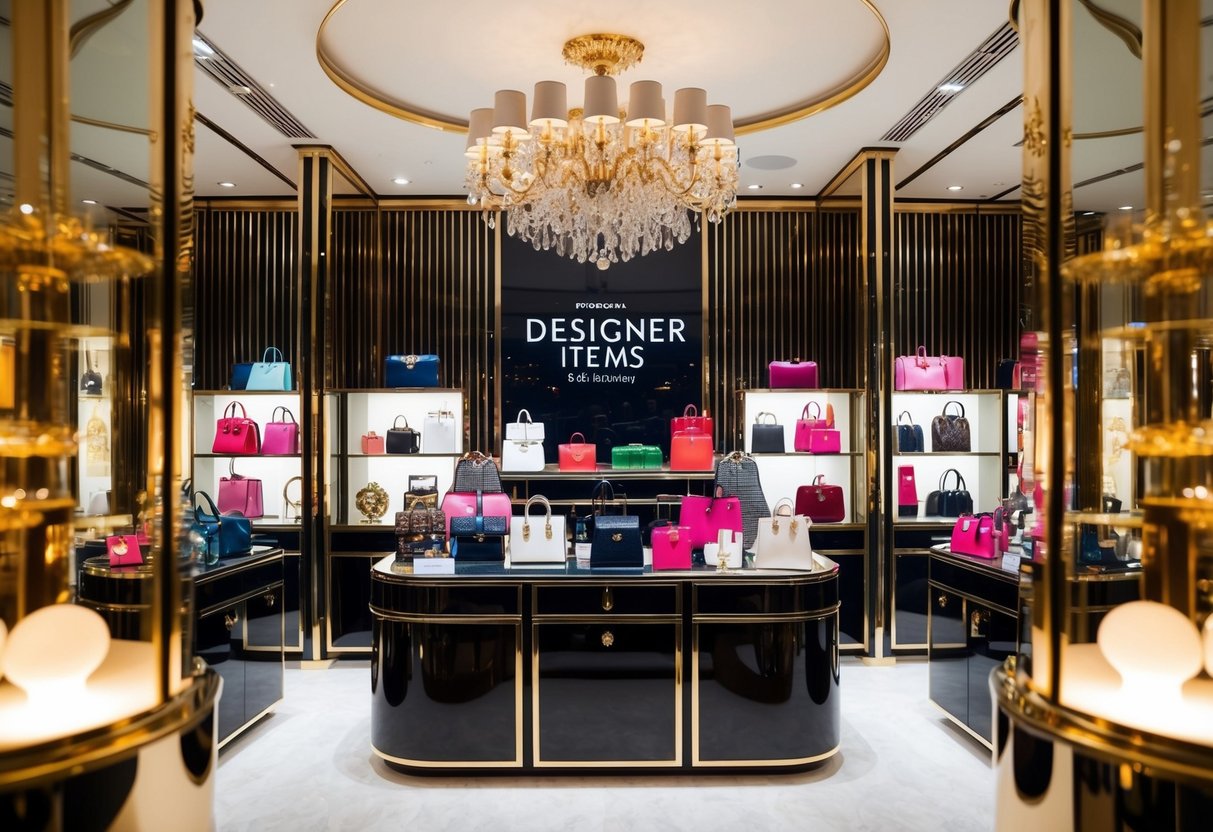 A lavish display of designer items at discounted prices, nestled among opulent surroundings with a sense of exclusivity and luxury