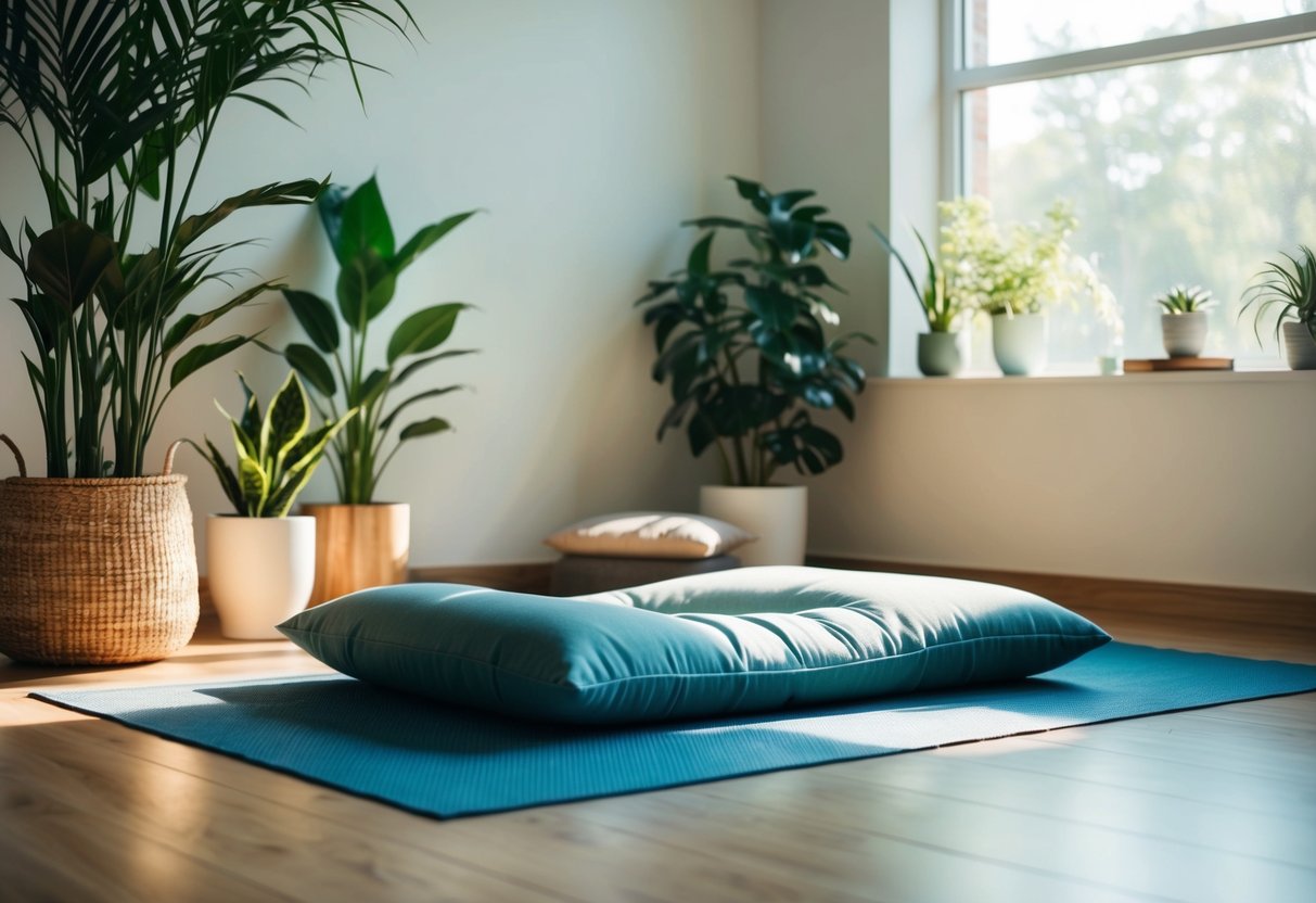 A serene, sunlit room with a cushioned mat for meditation, surrounded by plants and calming decor. Gentle, natural light filters in through the window, creating a peaceful atmosphere