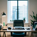 A clutter-free desk with organized supplies, a neatly arranged filing system, and a comfortable chair in a well-lit room