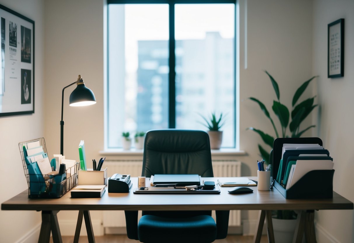 A clutter-free desk with organized supplies, a neatly arranged filing system, and a comfortable chair in a well-lit room