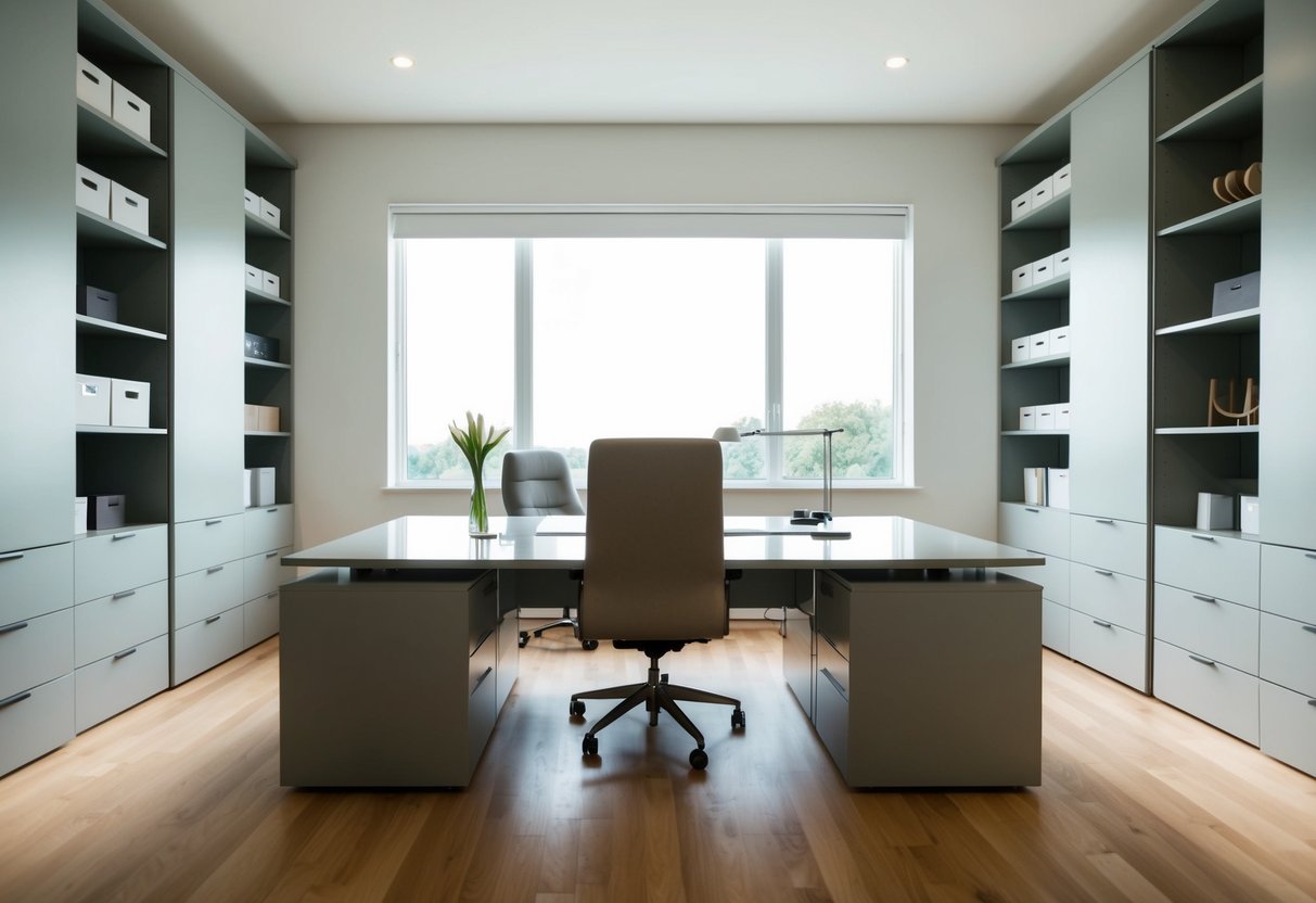 A spacious home office with a large desk facing a window, surrounded by organized shelves and storage units. A comfortable chair and minimalistic decor create a clean and focused environment