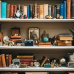 A cluttered thrift store shelf holds a mix of vintage trinkets, old books, and forgotten treasures waiting to be discovered