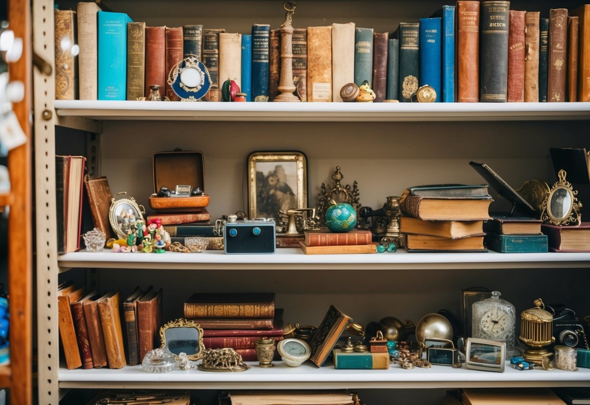 A cluttered thrift store shelf holds a mix of vintage trinkets, old books, and forgotten treasures waiting to be discovered