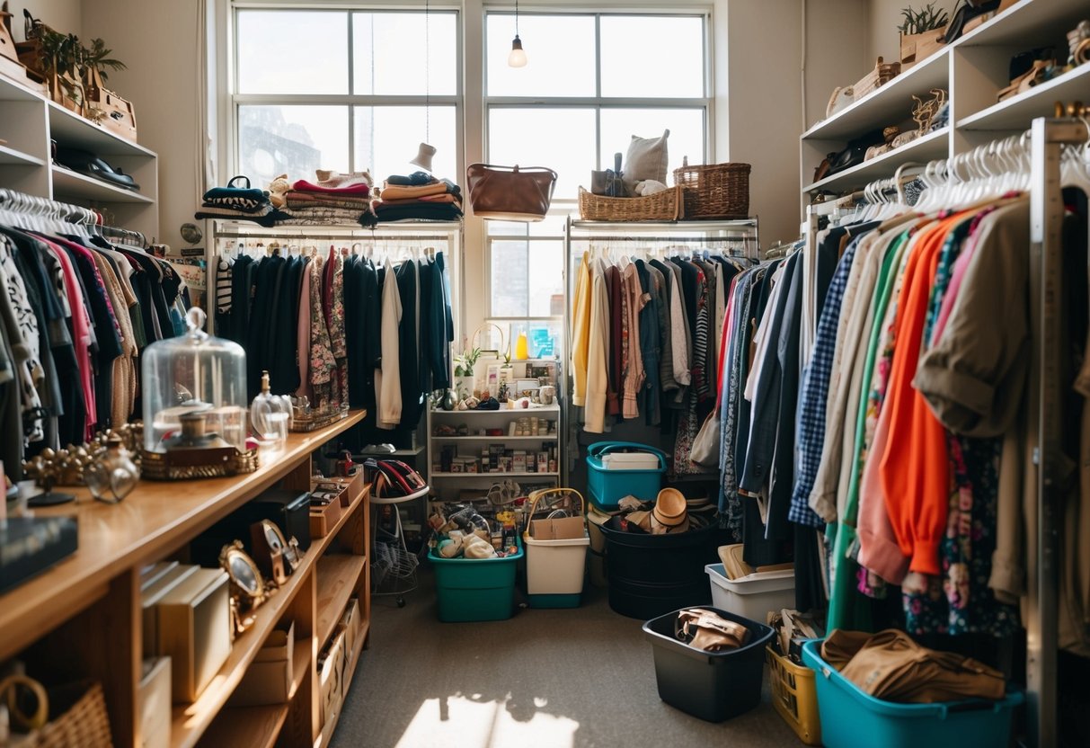 A cluttered thrift store with racks of clothing, shelves of knick-knacks, and bins of accessories. Sunlight streams through the windows, illuminating the potential treasures waiting to be discovered
