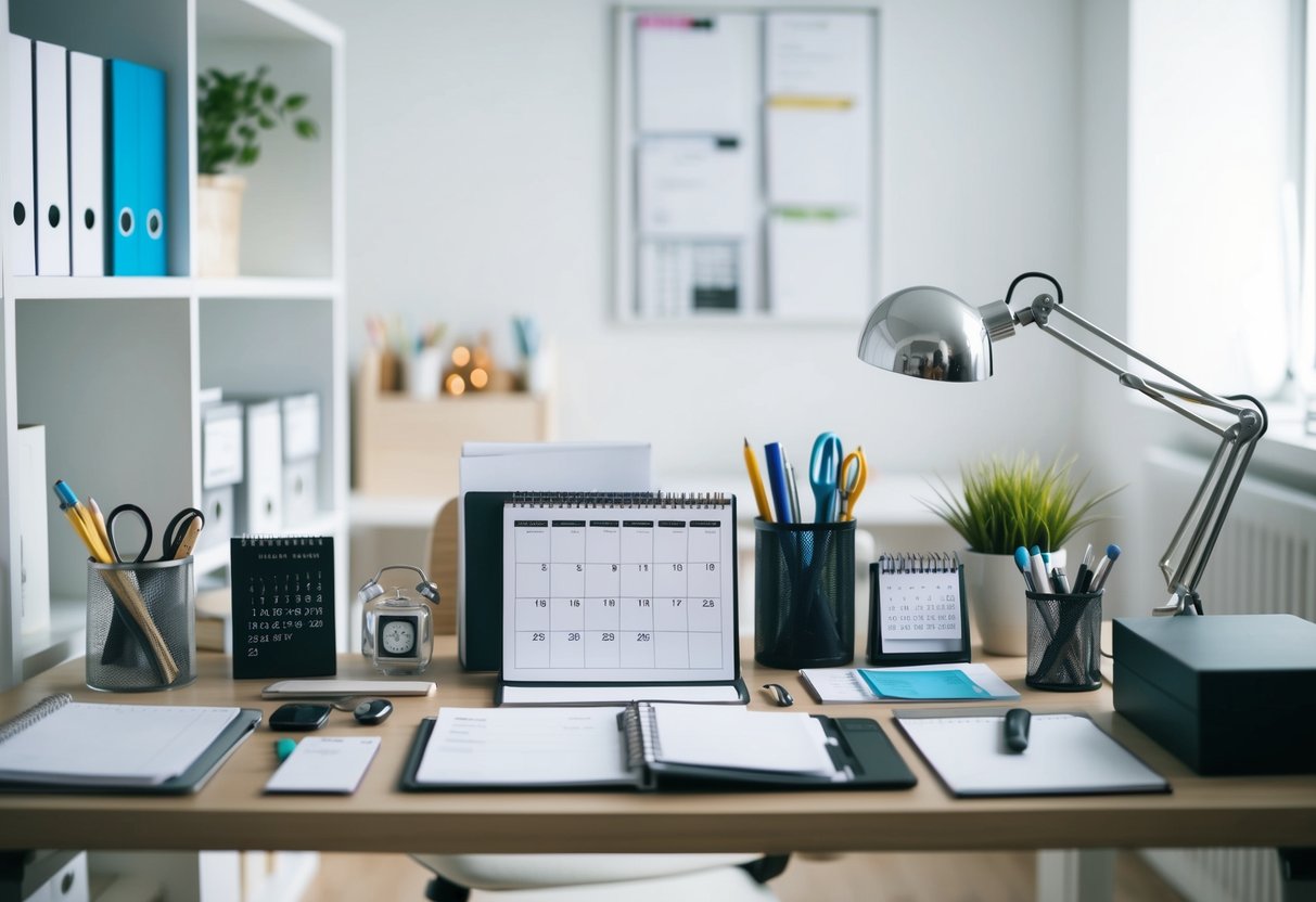 A cluttered desk with a planner, calendar, and various office supplies neatly arranged, surrounded by tidy shelves and a clean, organized workspace
