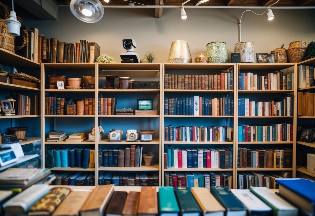 A thrift store with shelves of eclectic items, from vintage clothing to old books, with a focus on privacy and security measures such as surveillance cameras and secure payment systems