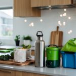 A kitchen counter with reusable containers, cloth produce bags, and a metal water bottle next to a compost bin and a recycling bin