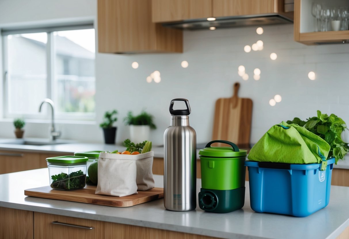 A kitchen counter with reusable containers, cloth produce bags, and a metal water bottle next to a compost bin and a recycling bin