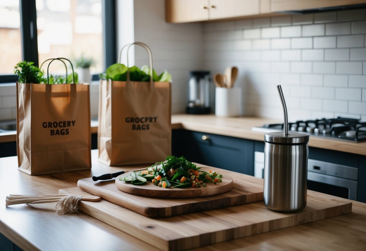 A kitchen with reusable grocery bags, a compost bin, and a metal straw on the counter. A plant-based meal is being prepared on a wooden cutting board