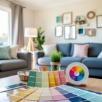 A cozy living room with natural light, a variety of paint swatches, and a color wheel on a table. Furniture and decor showcase different color schemes
