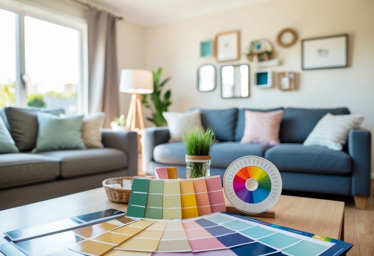 A cozy living room with natural light, a variety of paint swatches, and a color wheel on a table. Furniture and decor showcase different color schemes