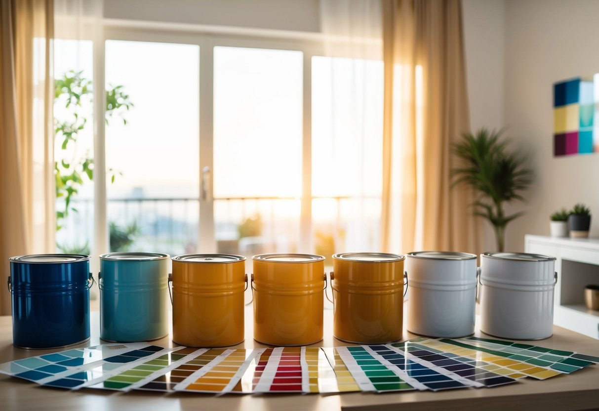 A room with various paint cans and color swatches displayed on a table, with natural light streaming in through a window, creating a warm and inviting atmosphere