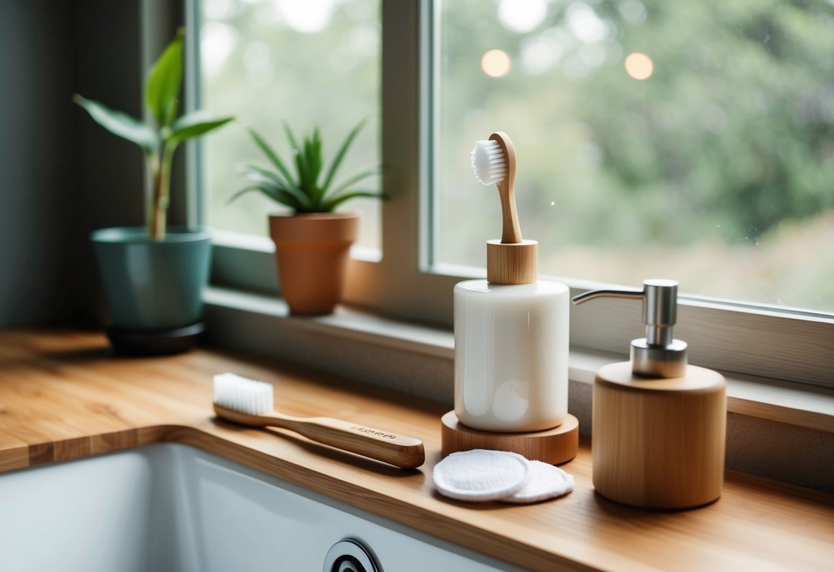A serene bathroom with bamboo toothbrush, refillable soap dispenser, and reusable cotton pads on a wooden countertop. A plant sits on the windowsill