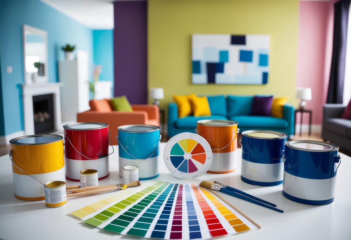 A room with various paint cans and swatches, a color wheel, and paintbrushes laid out on a table. Different colored walls and furniture in the background