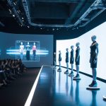 A sleek, futuristic runway with holographic projections and robotic mannequins showcasing high-tech clothing designs