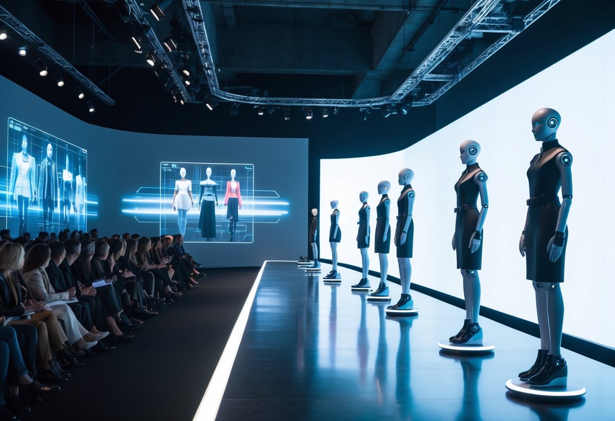 A sleek, futuristic runway with holographic projections and robotic mannequins showcasing high-tech clothing designs
