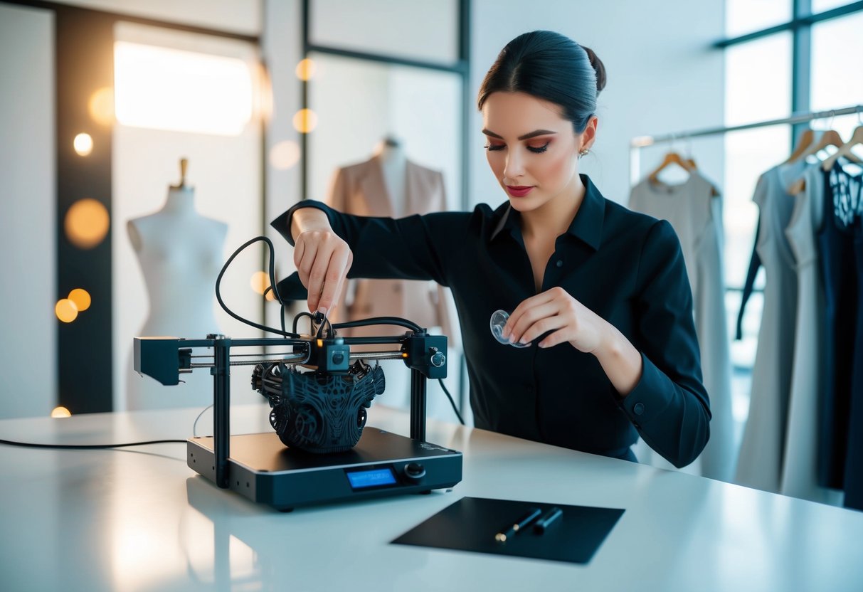 A fashion designer using a 3D printer to create intricate and futuristic clothing designs in a sleek, modern studio setting