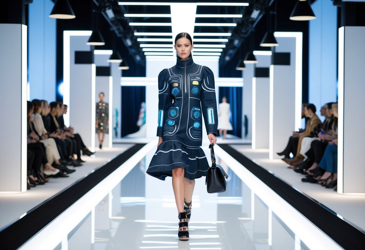 A futuristic runway with AI and machine learning technology integrated into the design process, creating innovative and stylish fashion pieces