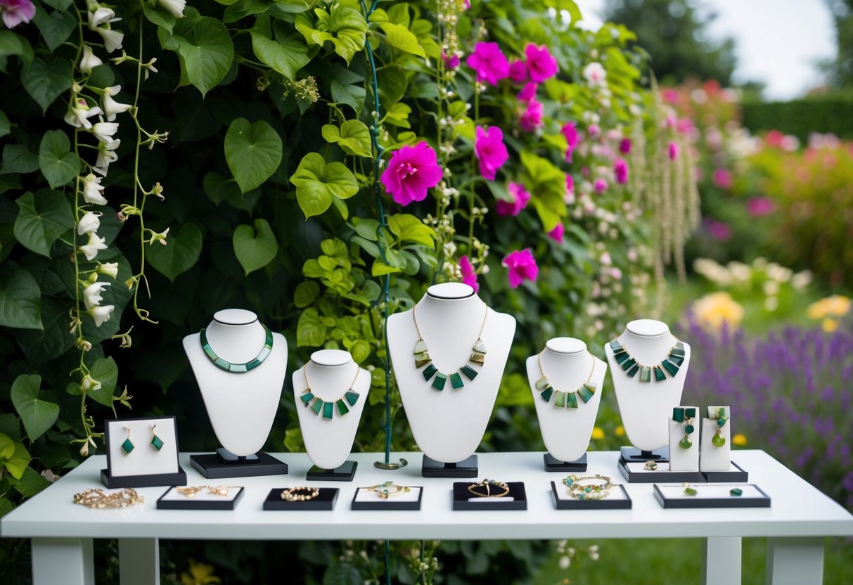 A lush garden with blooming flowers and cascading vines, showcasing a display of modern, eco-friendly statement jewelry pieces