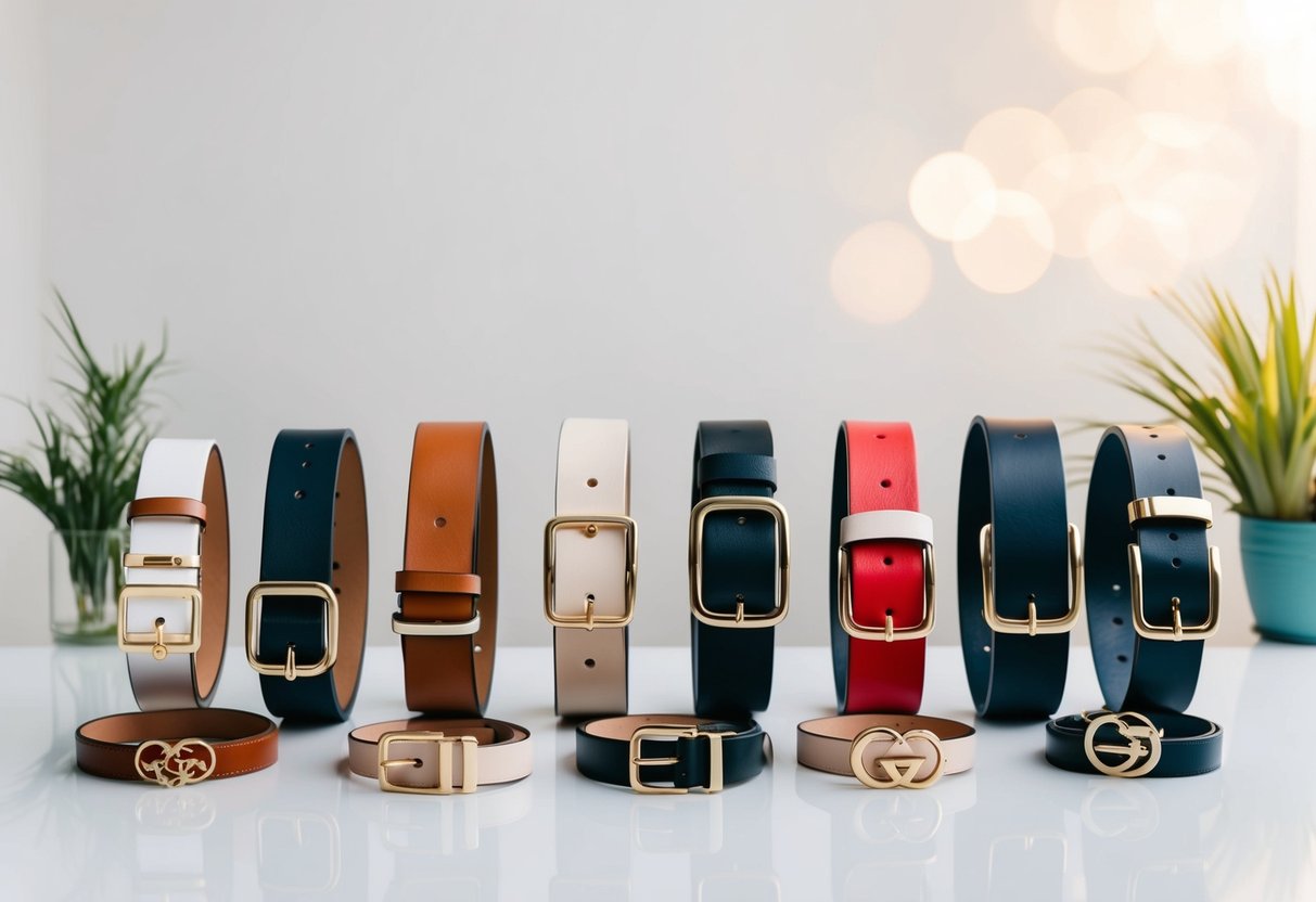 A variety of belts displayed on a clean, white background, each paired with a different outfit to showcase their unique styles and versatility