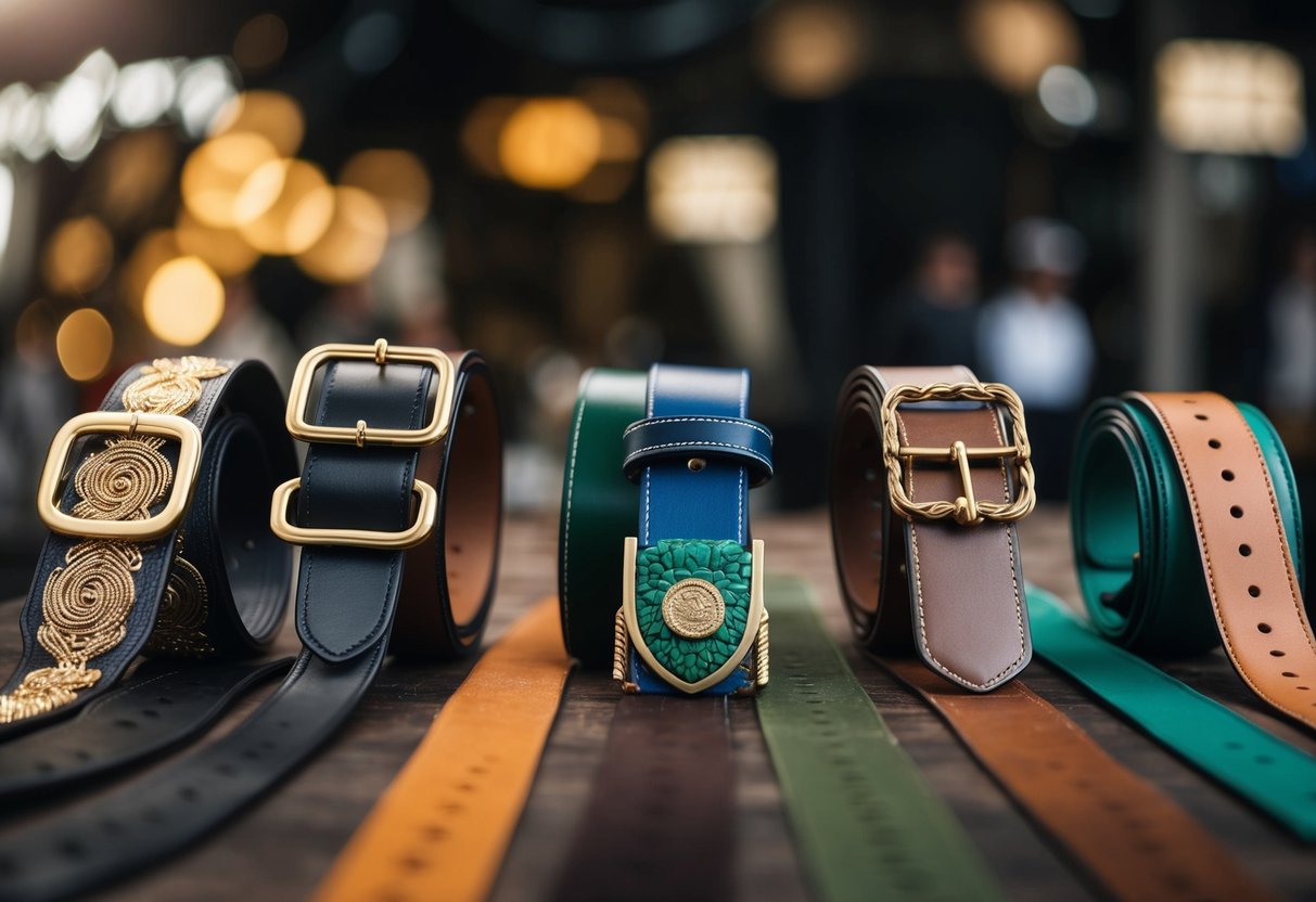 A collection of unique belts made from various materials, showcasing intricate craftsmanship and stylish designs